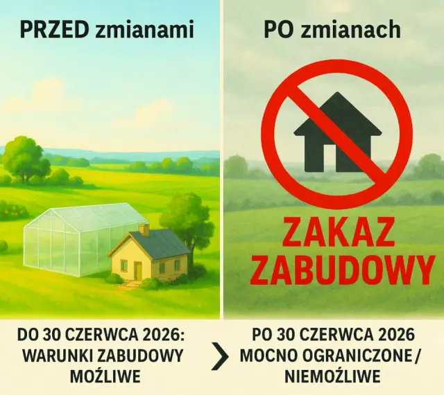 Przed 30.06.2026 można budować na gruntach I-III, potem zakaz zabudowy. Właściciele gruntów klasy I-III nie dostaną WZ do czasu uchwalenia planu ogólnego.