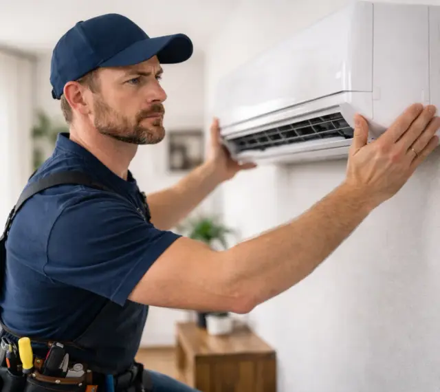 Instalator montuje klimatyzator. Od 2026 roku właściciele mieszkań muszą pytać wspólnotę o zgodę na klimatyzację.