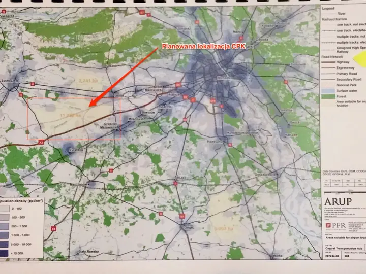 Mapa pokazuje planowaną lokalizację CPK i obszary o dużej gęstości zaludnienia. Czy warto inwestować w działki przy planowanych nitkach CPK?