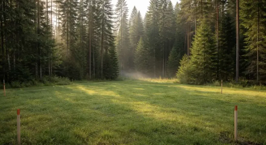 Oznakowane działki budowlane przy lesie, z mgłą unoszącą się nad trawą, pokazują, dlaczego działki budowlane przy lasach mogą zostać uznane za tereny zielone.