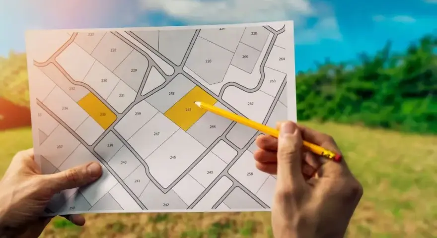 Plan działki z zaznaczonymi parcelami. Rozważasz, jak przekształcić działkę rekreacyjną na budowlaną?