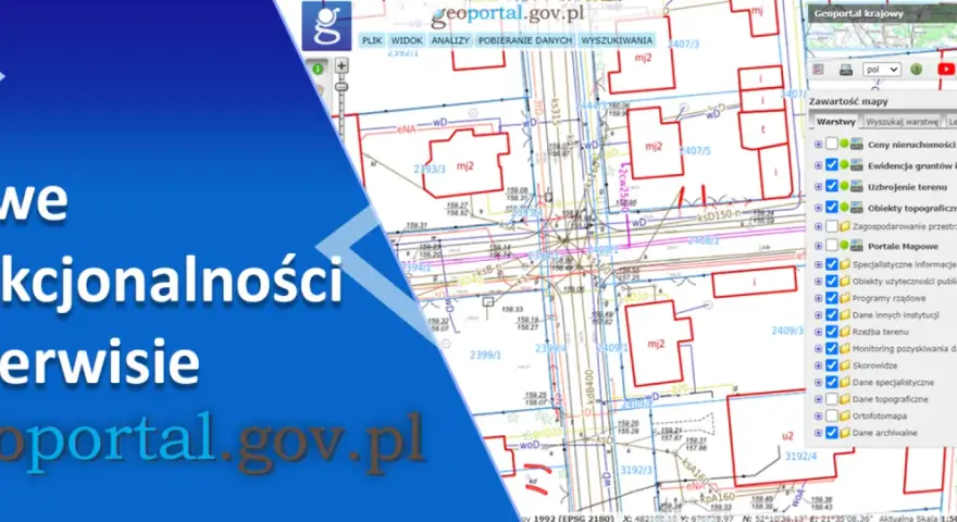 Fragment mapy geodezyjnej z zaznaczonymi działkami i panel boczny z warstwami mapy.
