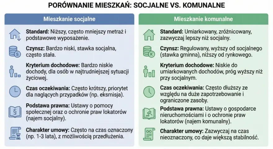 Porównanie mieszkań socjalnych i komunalnych. Dowiedz się, jak dostać mieszkanie komunalne, jakie są kryteria i czas oczekiwania.