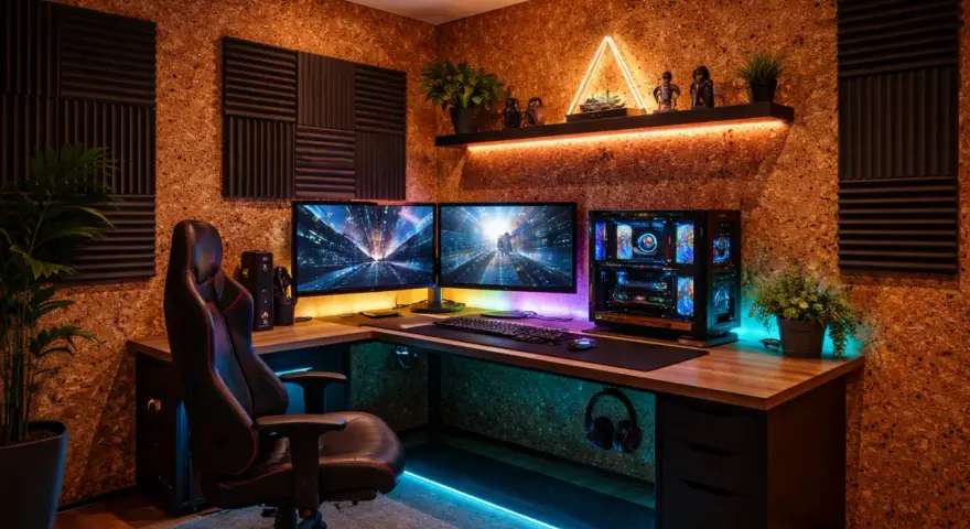 Gamer setup z korkową ścianą i panelami akustycznymi. Idealne miejsce, by dowiedzieć się, jak tanio wygłuszyć pokój.