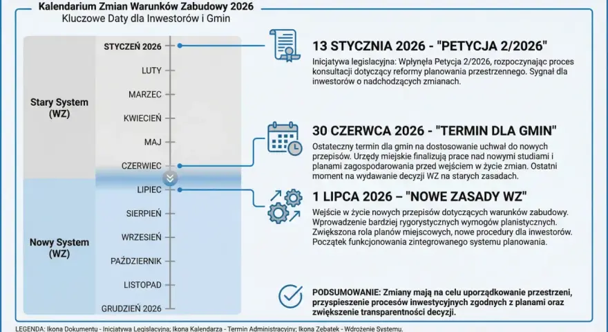 Kalendarium zmian Warunków Zabudowy 2026. Prawda o rzekomym braku odszkodowań za utratę wartości działki po reformie: od 1 lipca nowe zasady WZ.