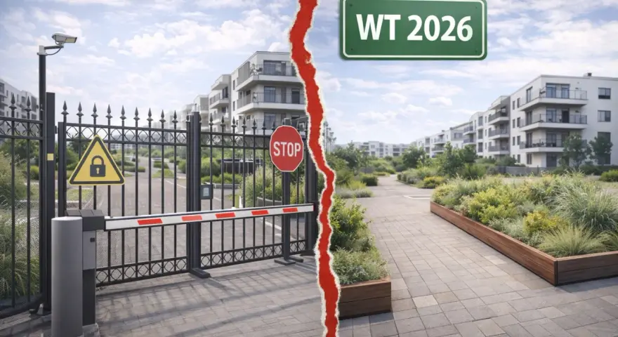 Dlaczego deweloperzy stawiają bloki tak blisko siebie? Czy to zgodne z WT2026? Obraz przedstawia zamknięte osiedle i nowoczesne budynki.