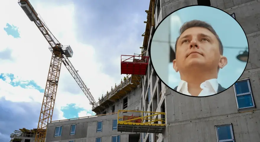 Budowa bloku mieszkalnego i portret mężczyzny. Czy to zapowiedź, ile naprawdę zarabiają pośrednicy nieruchomości na flipowaniu mieszkań w 2026?