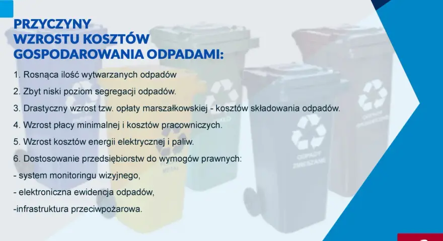 Przyczyny wzrostu kosztów gospodarowania odpadami: rosnąca ilość śmieci, niska segregacja, opłaty, płaca minimalna, energia, paliwo, wymogi prawne, monitoring, ewidencja, infrastruktura.