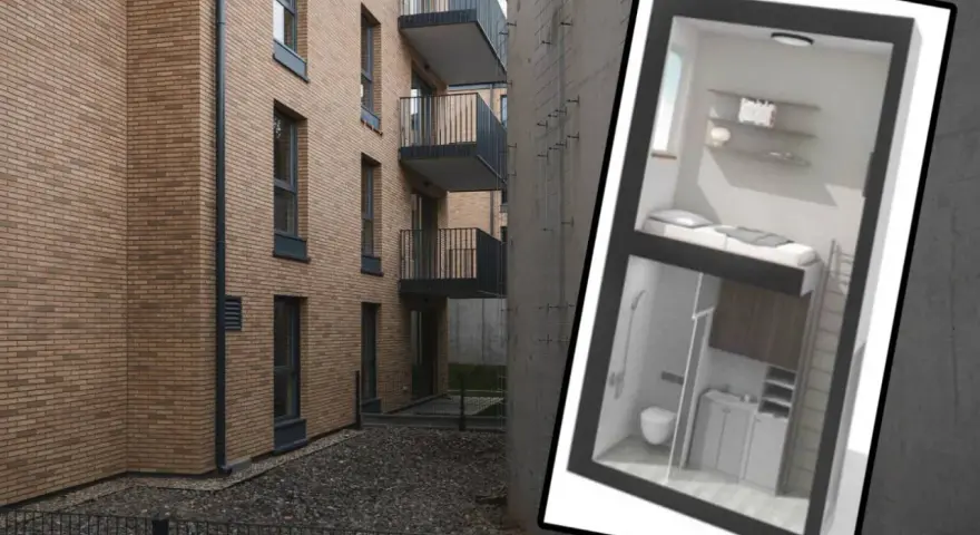 Czy mikroapartamenty poniżej 25 metrów zostaną całkowicie zakazane w 2026 roku? Widać wizualizację małego mieszkania z łóżkiem nad łazienką.