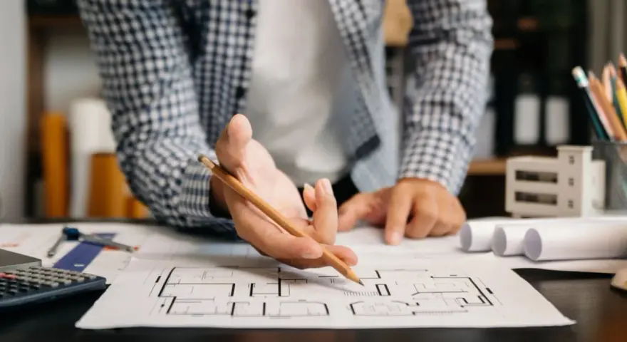 Architekt analizuje plany mieszkania, zastanawiając się, dlaczego od 2026 roku każde mieszkanie na sprzedaż musi mieć audyt akustyczny.