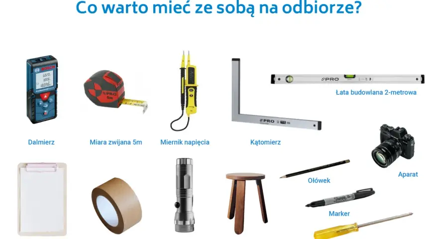 Narzędzia do odbioru mieszkania od dewelopera: dalmierz, miara, miernik napięcia, łata, kątomierz, aparat, podkładka, taśma, latarka, stołek, ołówek, marker, śrubokręty.