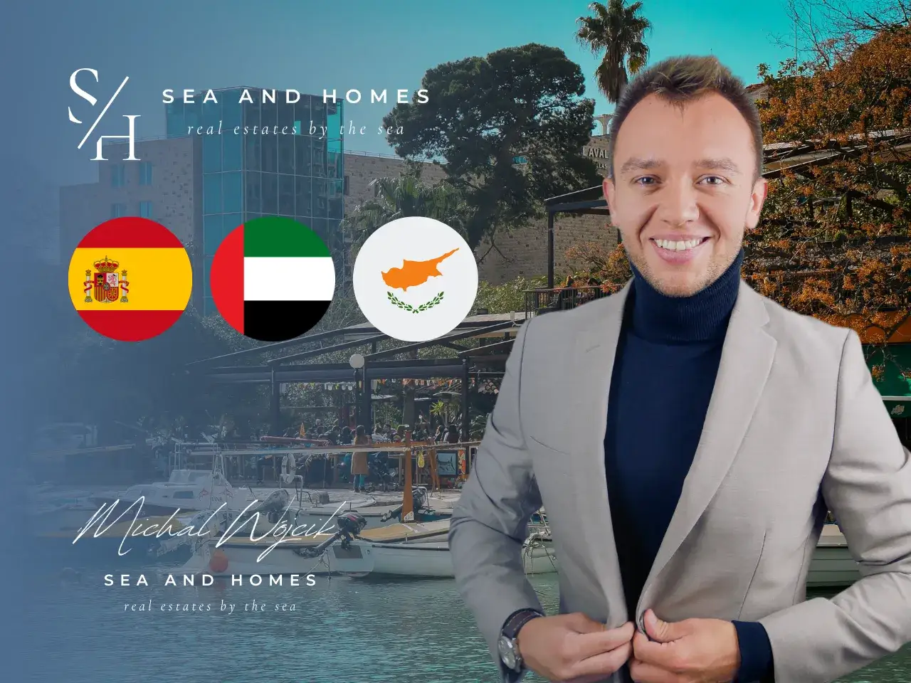 Michał Wójcik z Sea and Homes wyjaśnia, dlaczego od 2026 roku luksusowe apartamenty nad morzem tracą na wartości. Flagi Hiszpanii, ZEA i Cypru.