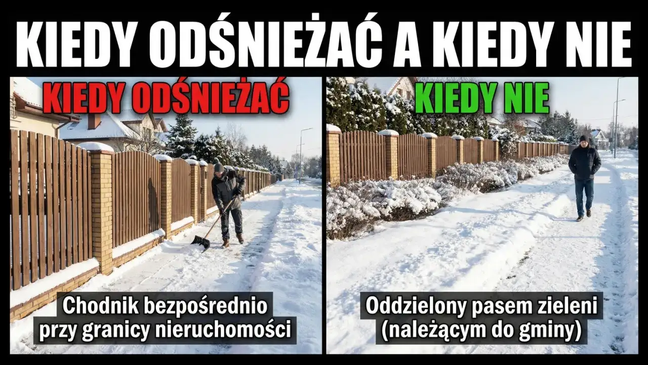 Kto odpowiada za odśnieżanie chodnika przed domem wynajmowanym na cele mieszkalne? Po lewej: chodnik przy granicy nieruchomości, po prawej: pas zieleni należący do gminy.