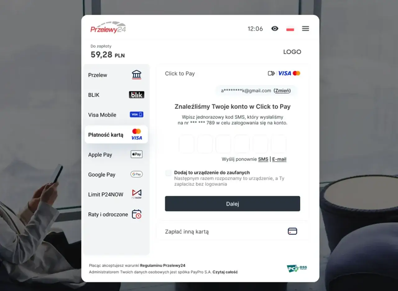 Ekran płatności Przelewy24. Wybierz metodę, jak opłacić czynsz za lokal bez gotówki: BLIK, karta, Apple Pay, Google Pay.
