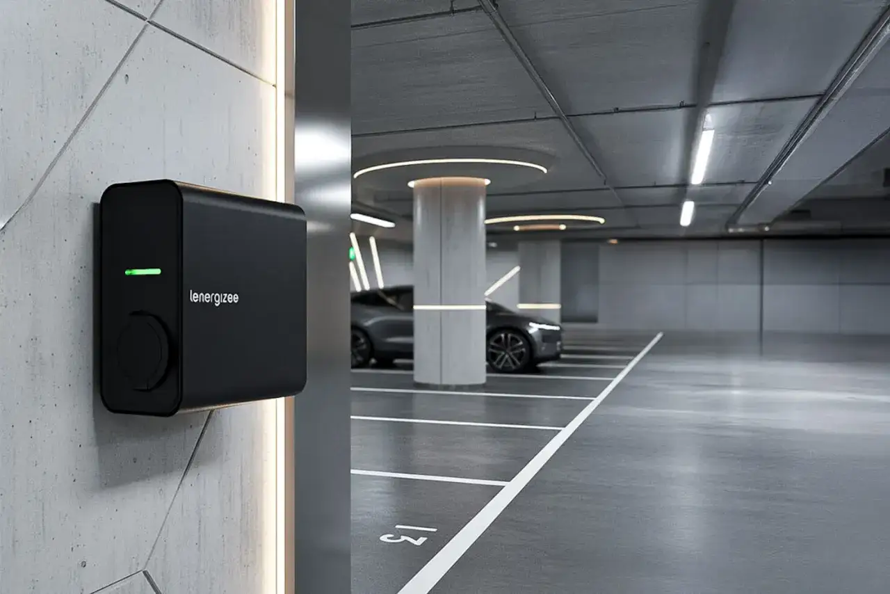 Ładowarka do aut elektrycznych na ścianie garażu. Od września 2026 r. każdy blok musi mieć punkt ładowania aut elektrycznych, ułatwiając przyszłość zrównoważonego transportu.