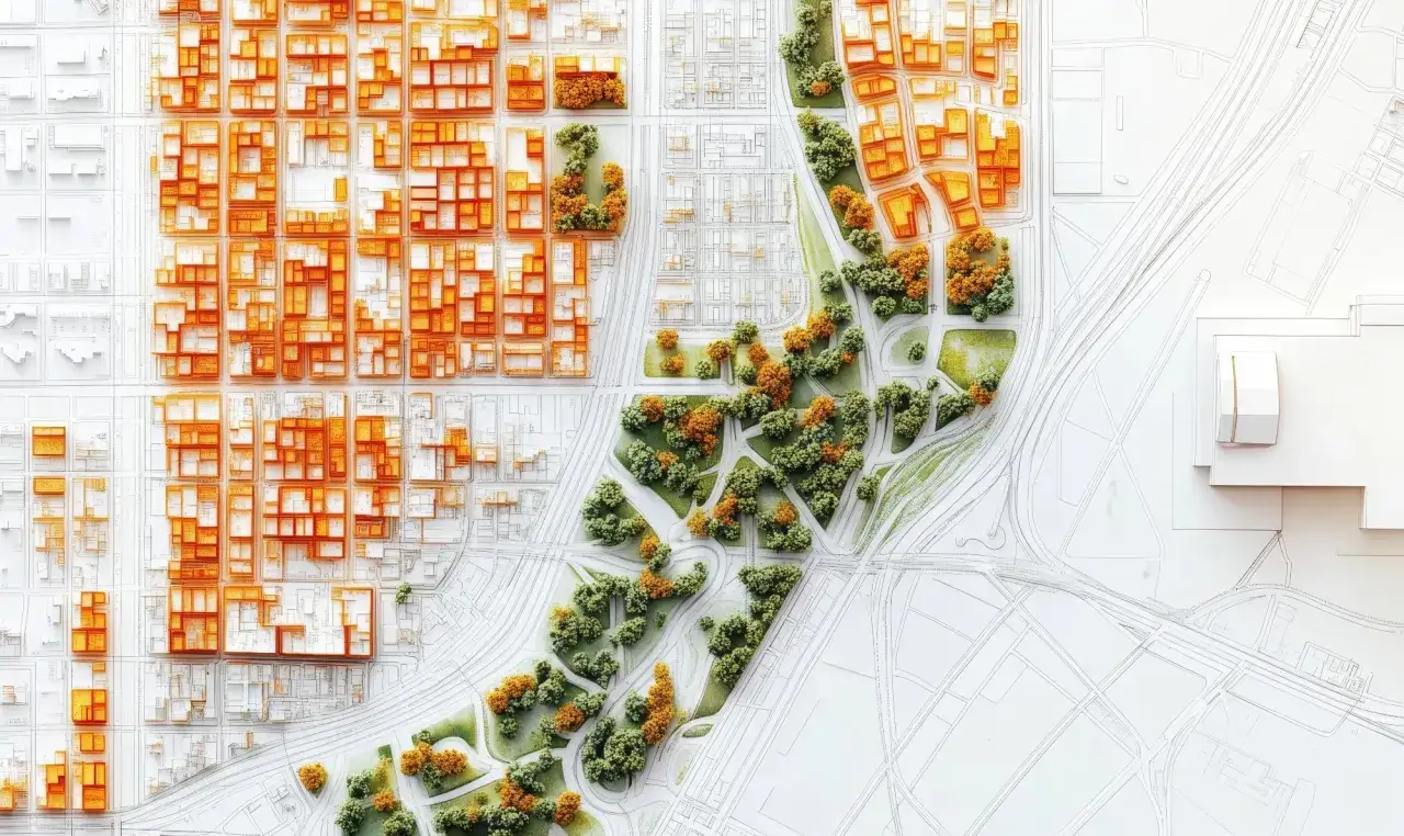 Model urbanistyczny z zielenią i budynkami. Czy Twoja działka spełnia standard urbanistyczny 1,5 km od szkoły i zieleni?
