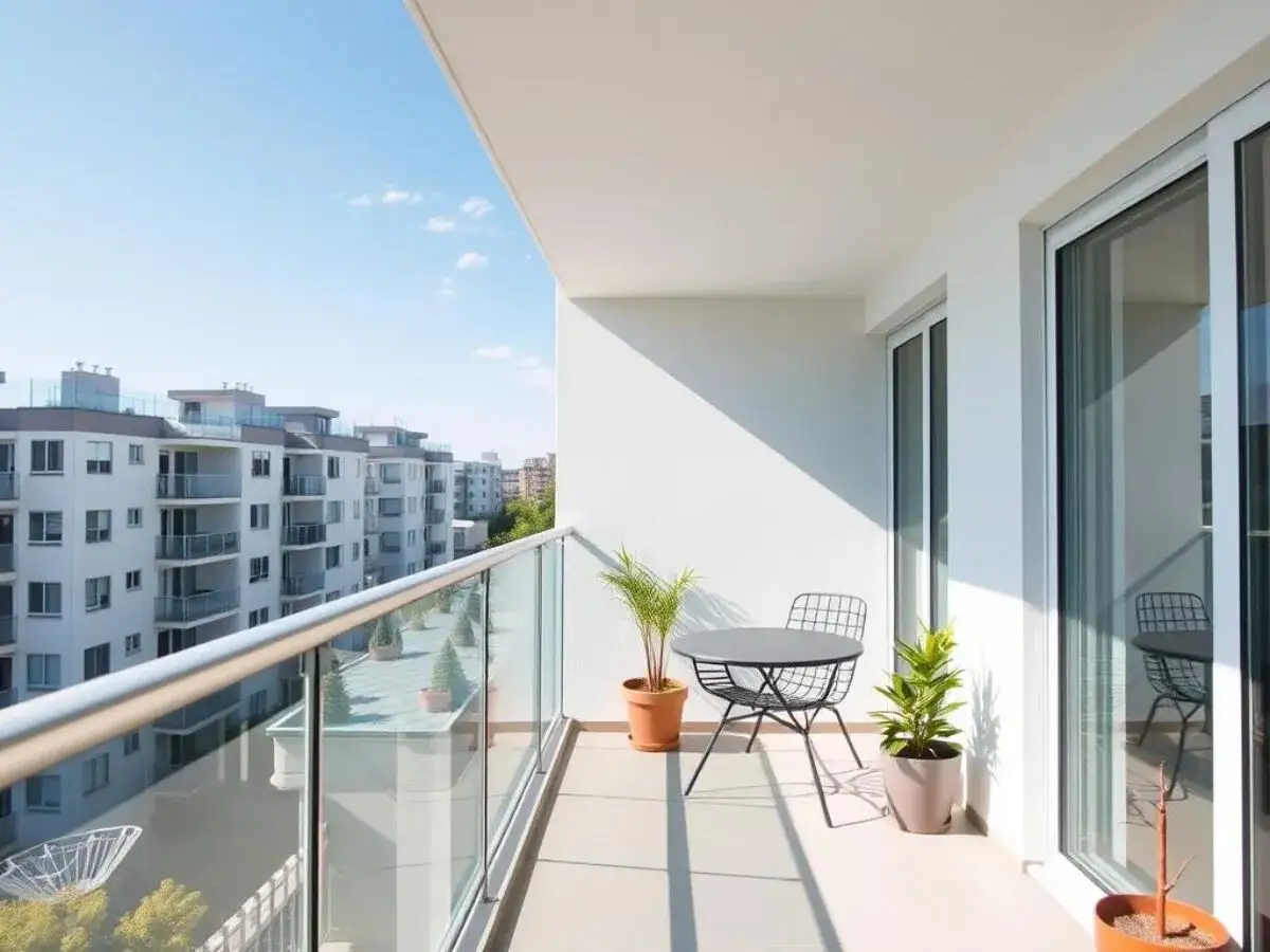 Nowa ustawa o własności lokali i zarządzaniu balkonami to temat dyskusji, a ten nowoczesny balkon z widokiem na osiedle jest jej częścią.