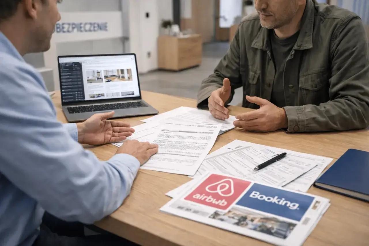 Dwóch mężczyzn omawia dokumenty na stole, na którym leżą loga Airbnb i Booking. Czy od września 2026 r. w każdym lokalu na wynajem musi wisieć regulamin porządkowy?
