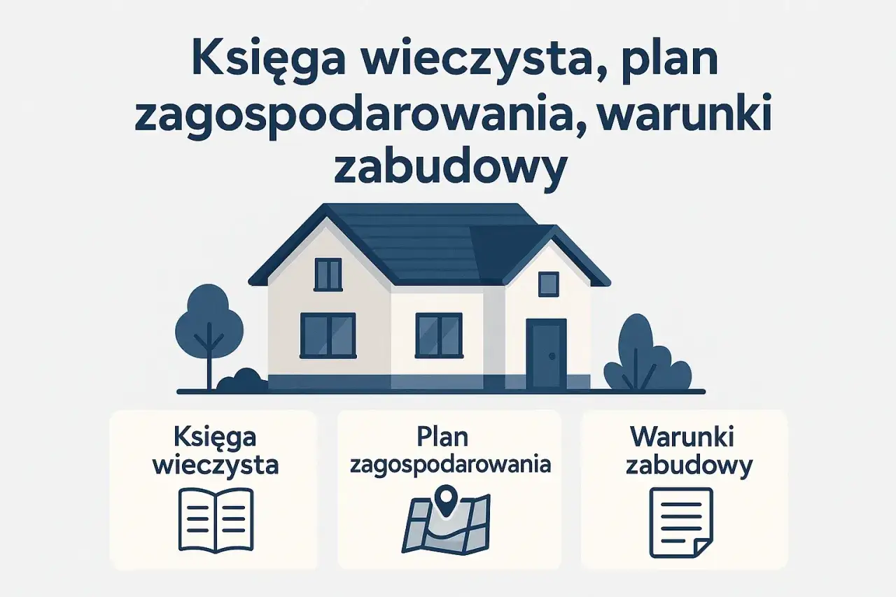 Księga wieczysta, plan zagospodarowania i warunki zabudowy to kluczowe dokumenty, gdy sprzedajesz działkę. Ilustracja przedstawia dom i te trzy dokumenty.