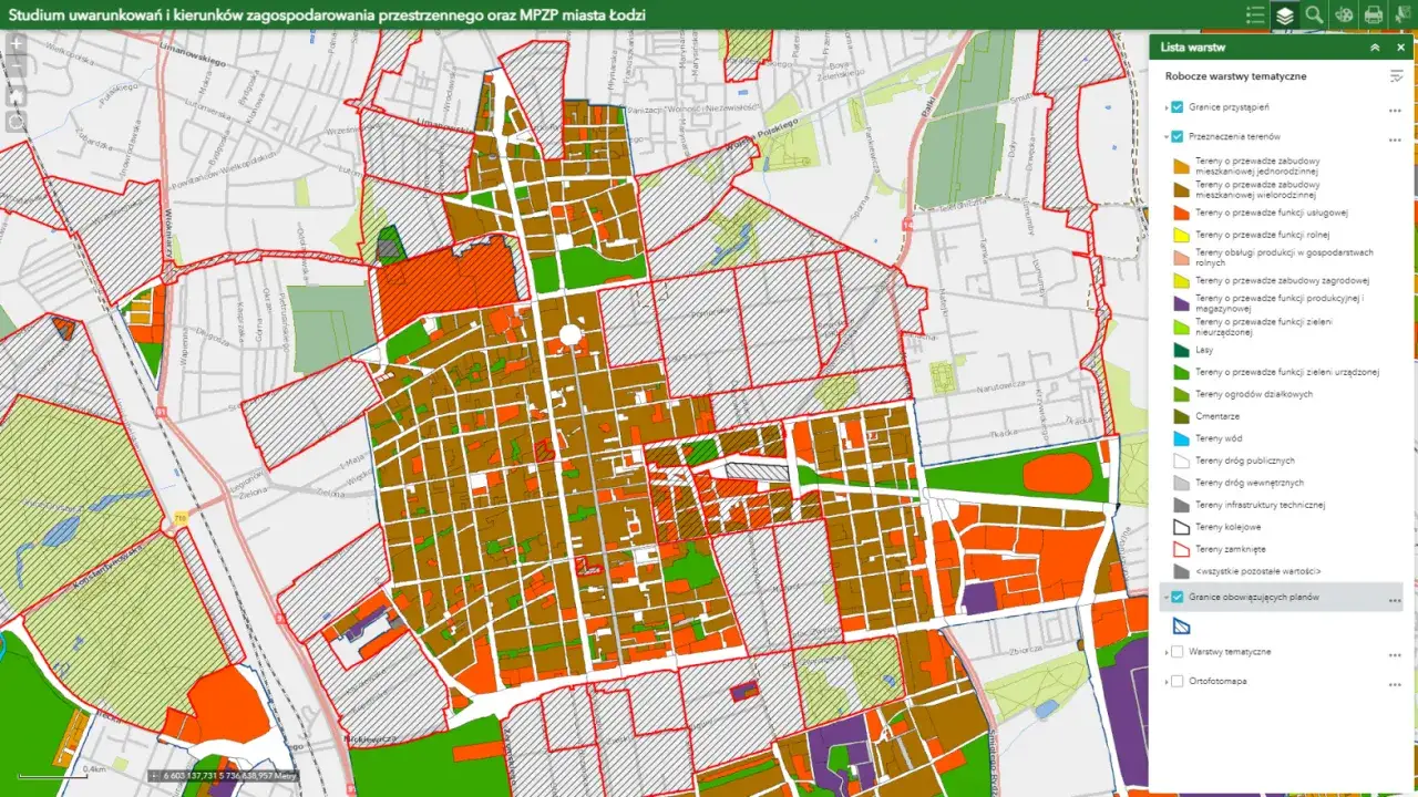 Mapa planistyczna Łodzi. Działki budowlane przy lasach mogą zostać uznane za tereny zielone, jeśli ich przeznaczenie to tereny zieleni nieurządzonej lub urządzonej.