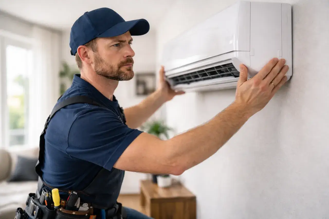 Instalator montuje klimatyzator. Od 2026 roku właściciele mieszkań muszą pytać wspólnotę o zgodę na klimatyzację.