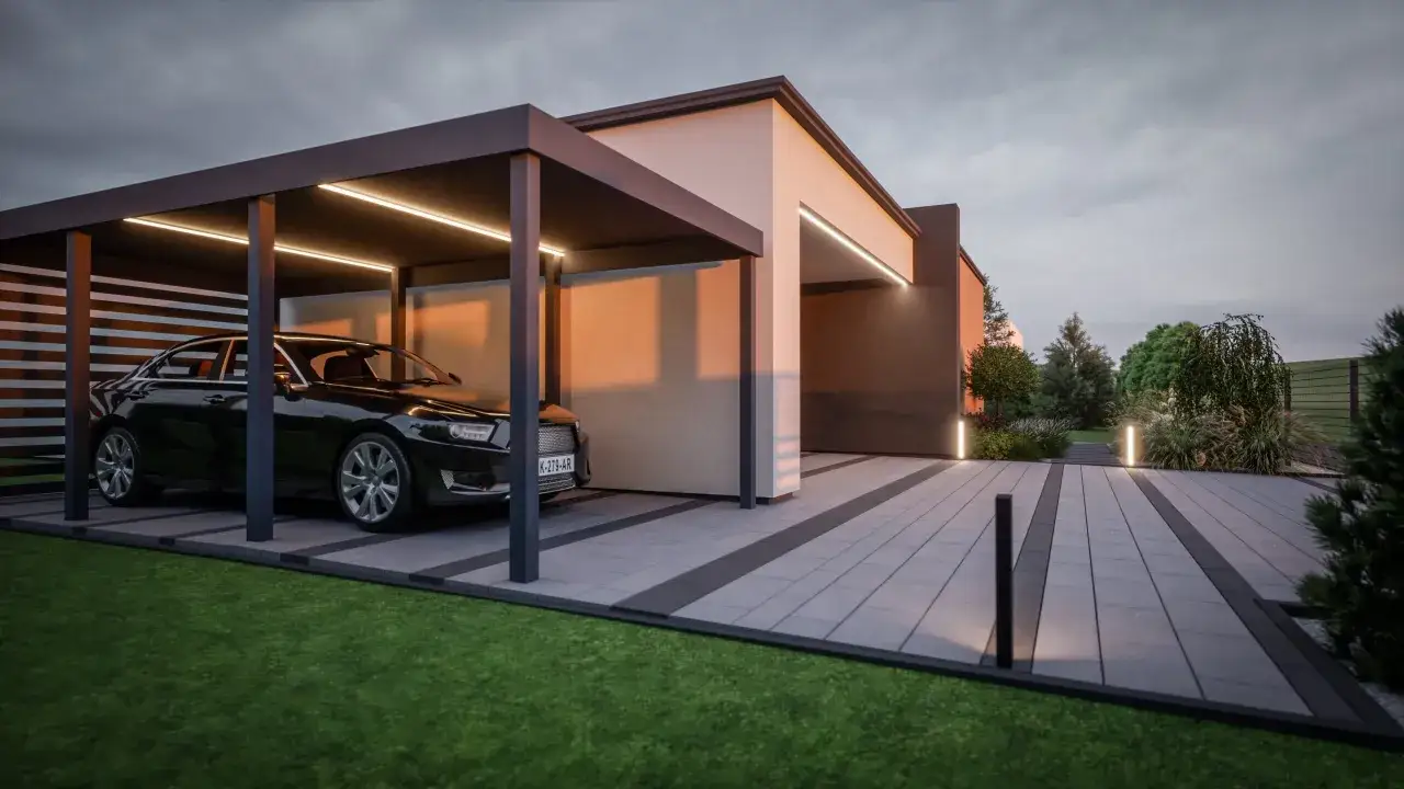 Nowoczesna wiata z oświetleniem LED, gdzie stoi czarny samochód. To wizja architektoniczna, która może być odpowiedzią na pytanie, kto stoi za nowymi standardami dostępności dla osób niepełnosprawnych na działkach.