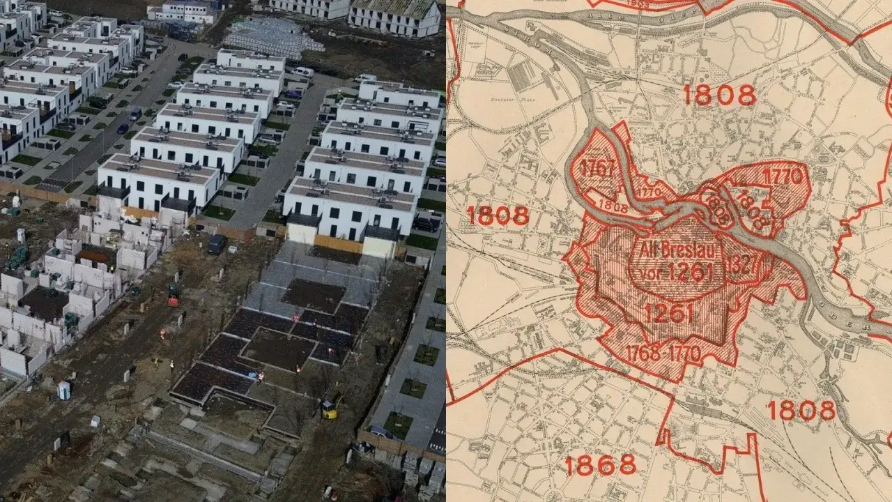 Nowe osiedle, które miało być marzeniem, stało się prawdziwą historią osiedla widmo na którym nikt nie chce kupić mieszkania. Obok stara mapa Breslau.