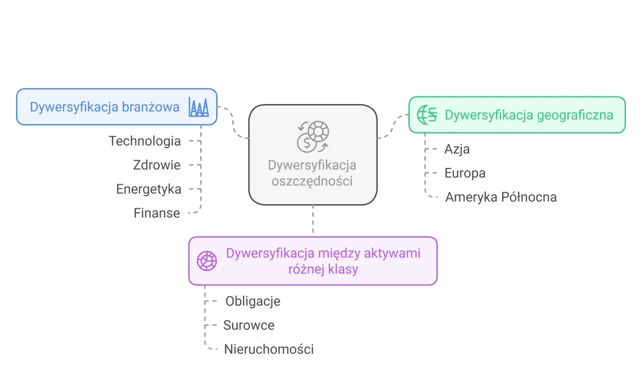 Schemat dywersyfikacji oszczędności: branżowa (technologia, zdrowie, energetyka, finanse), geograficzna (Azja, Europa, Ameryka Północna) i między aktywami (obligacje, surowce, nieruchomości). Prawda o rzekomej ucieczce inwestorów z rynku nieruchomości ...