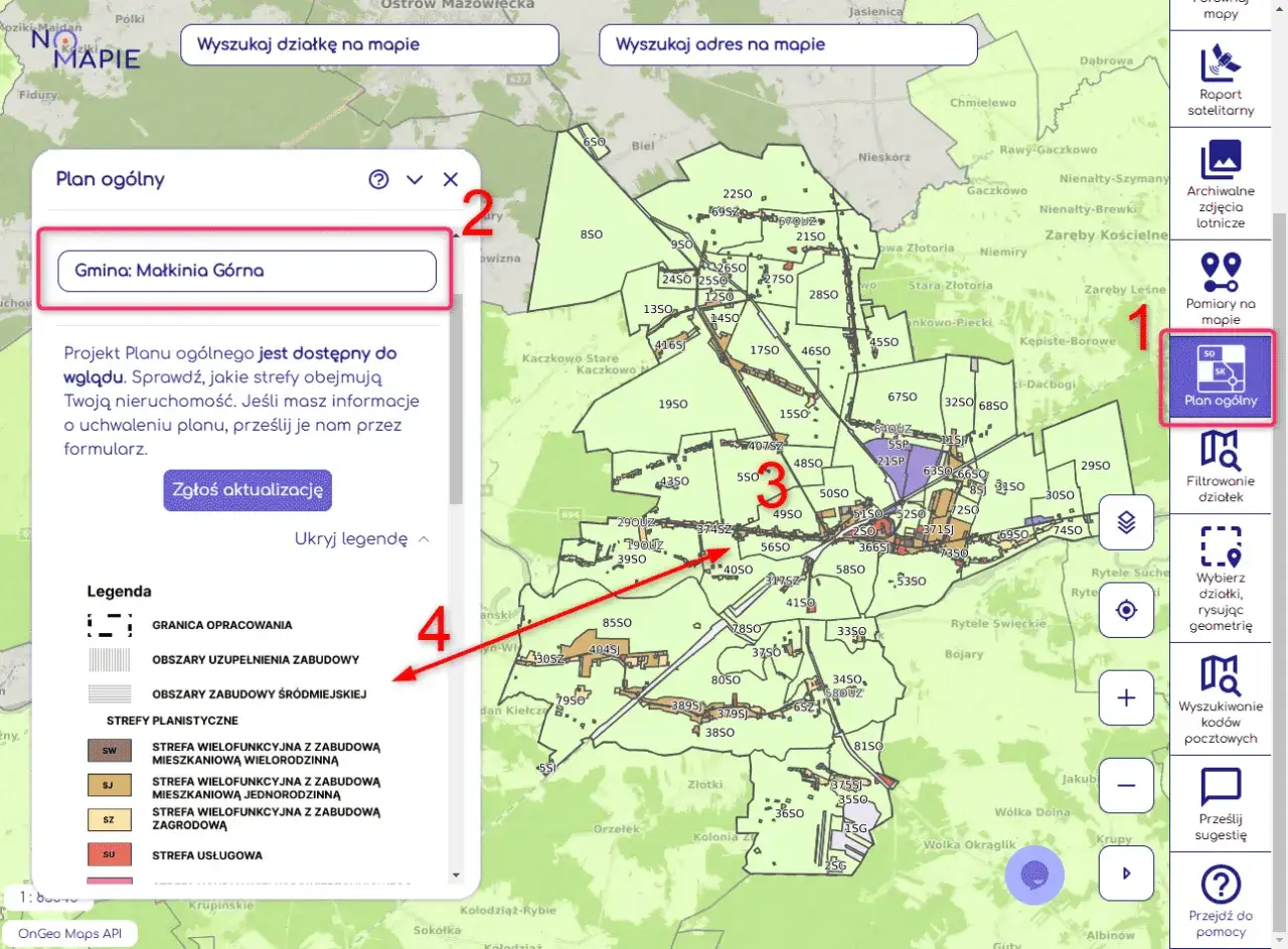 Czy brak planu ogólnego w Twojej gminie zamrozi budowę domu na lata? Mapa pokazuje plan ogólny gminy Małkinia Górna z zaznaczonymi strefami zabudowy.