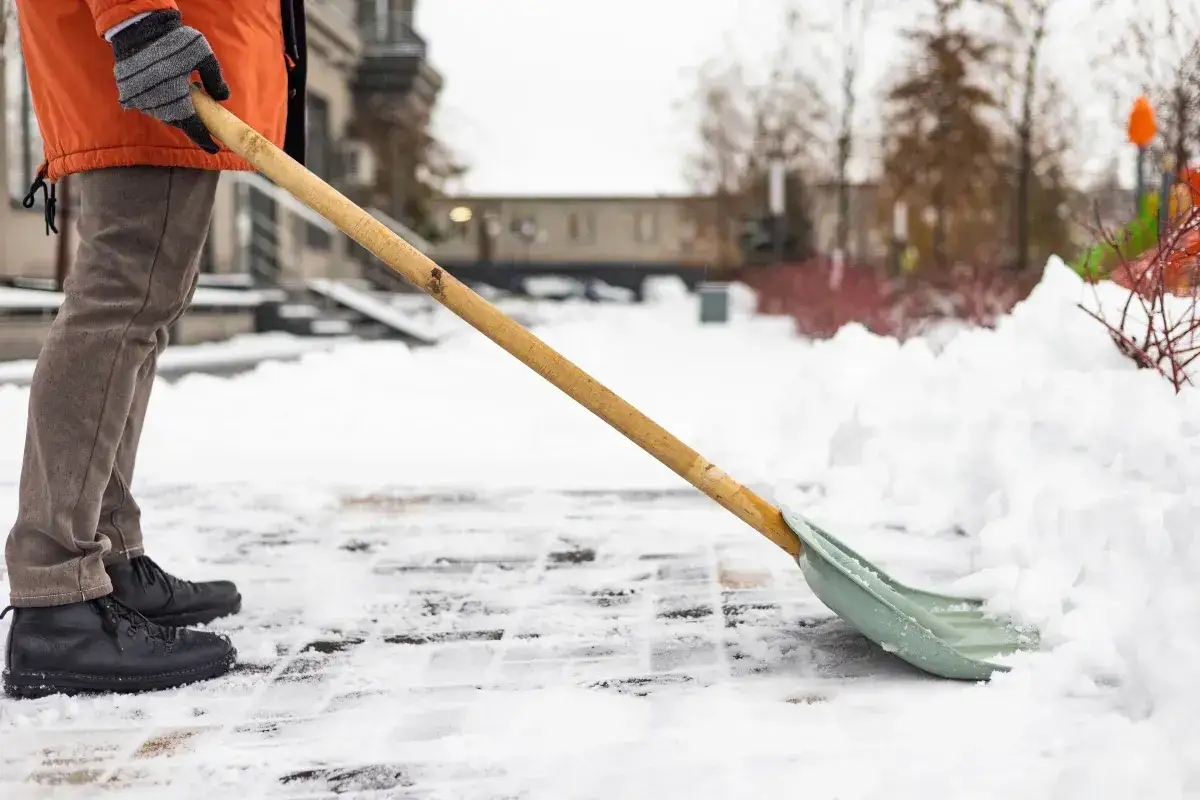 Osoba w pomarańczowej kurtce odśnieża chodnik przed wynajmowanym domem. Kto odpowiada za odśnieżanie chodnika przed domem wynajmowanym na cele mieszkalne? Zazwyczaj najemca.