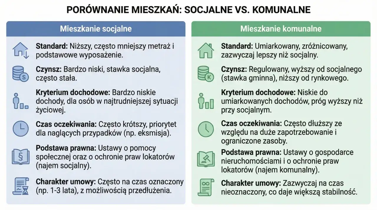 Porównanie mieszkań socjalnych i komunalnych. Dowiedz się, jak dostać mieszkanie komunalne, jakie są kryteria i czas oczekiwania.