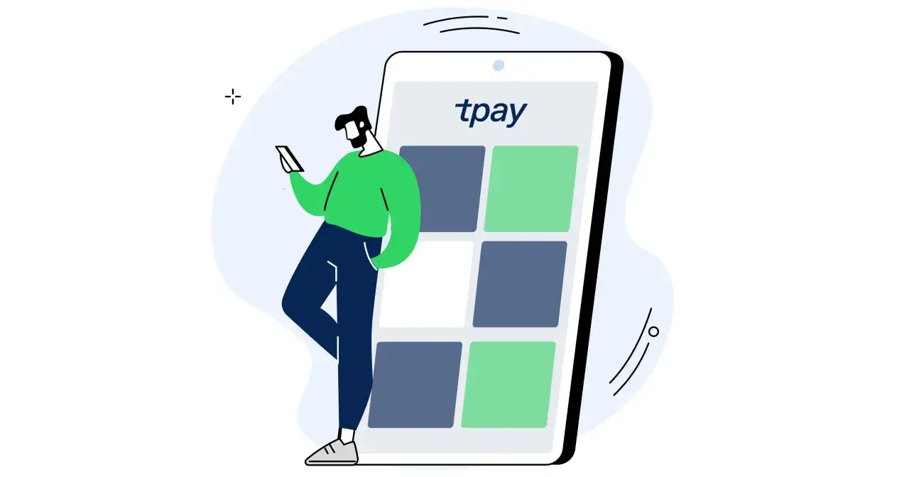 Mężczyzna z telefonem w ręku przy wielkim ekranie z logo tpay. Dowiedz się, jak opłacić czynsz za lokal bez gotówki.