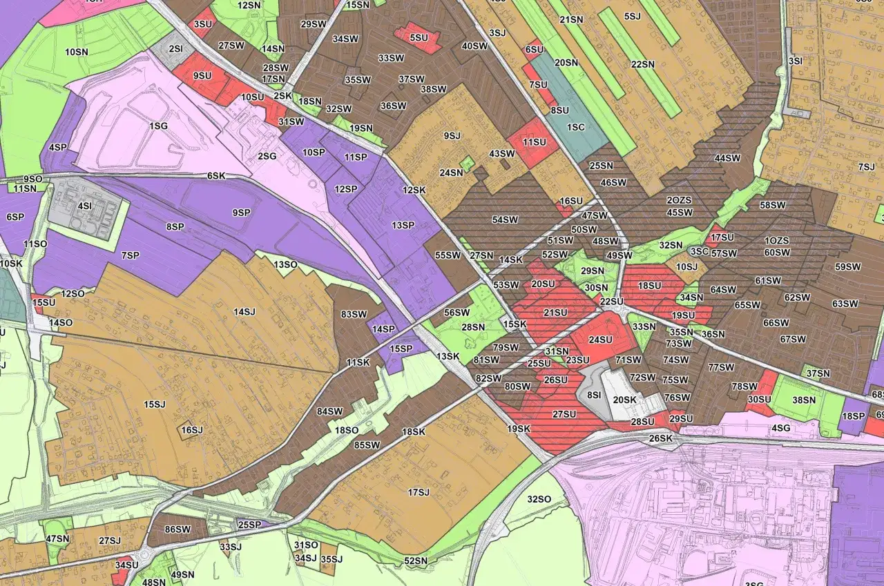 Mapa podziału działek. Czy brak planu ogólnego w Twojej gminie zamrozi budowę domu na lata? Różne kolory oznaczają różne przeznaczenie terenu.