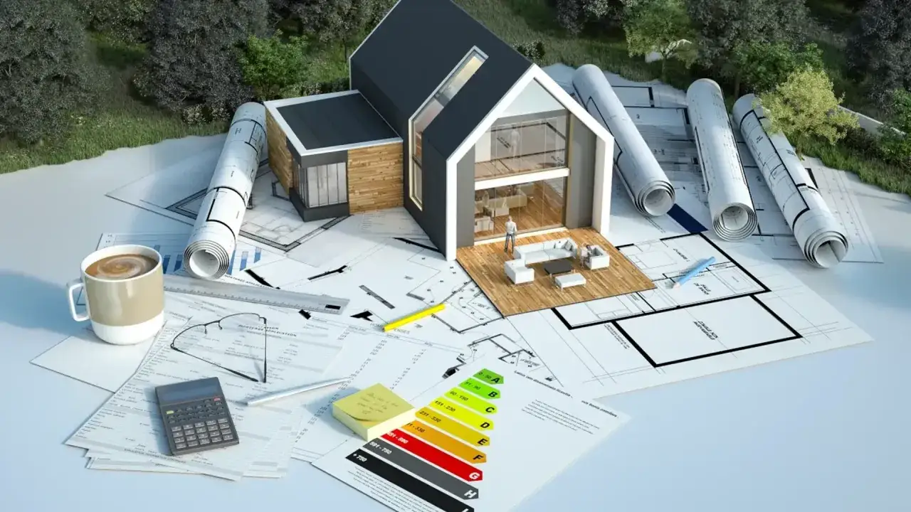 Projekt domu na planach, kalkulator, certyfikat energetyczny i kawa. Obraz ilustruje prawdziwe koszty termomodernizacji kamienic wymuszane przez unijną dyrektywę EPBD.
