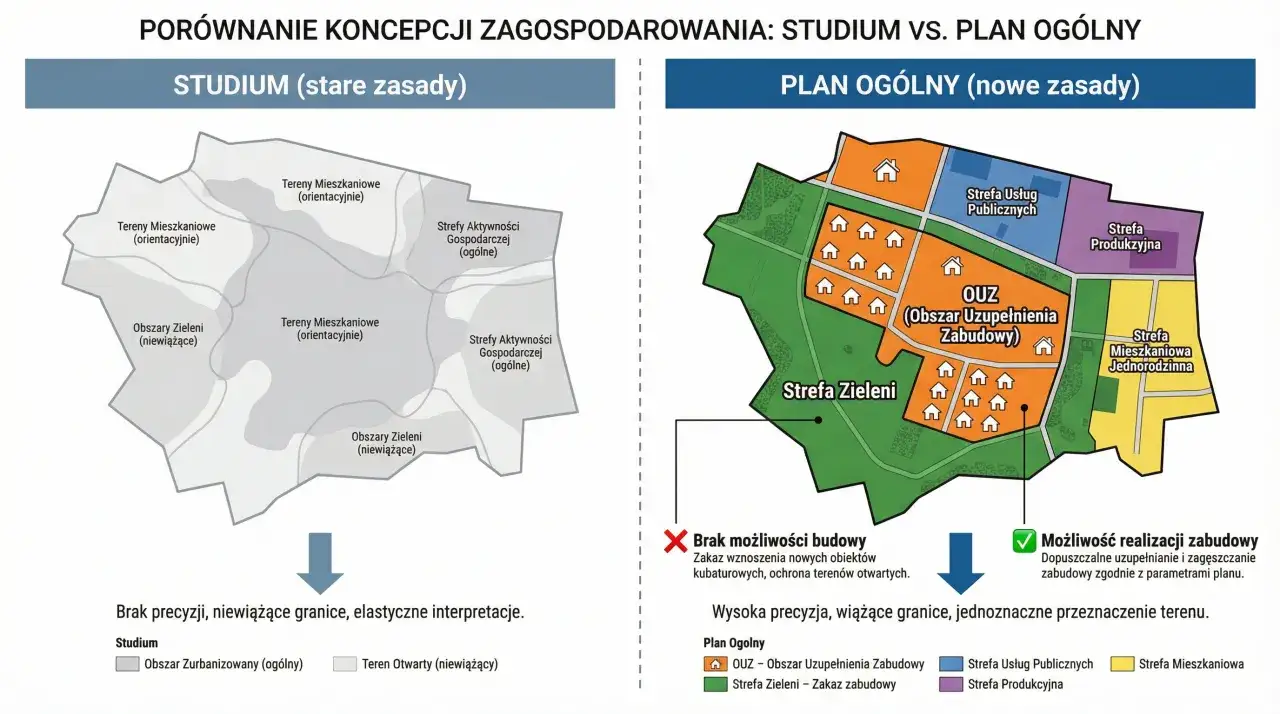 Porównanie planów zagospodarowania: studium (stare zasady) vs. plan ogólny (nowe zasady). Prawda o rzekomym braku odszkodowań za utratę wartości działki po reformie.