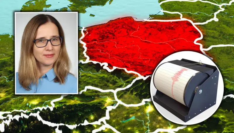 Kobieta w okularach i sejsmograf na tle mapy Polski. Prawda o rzekomym wprowadzeniu obowiązkowego ubezpieczenia mieszkań od trzęsień ziemi.