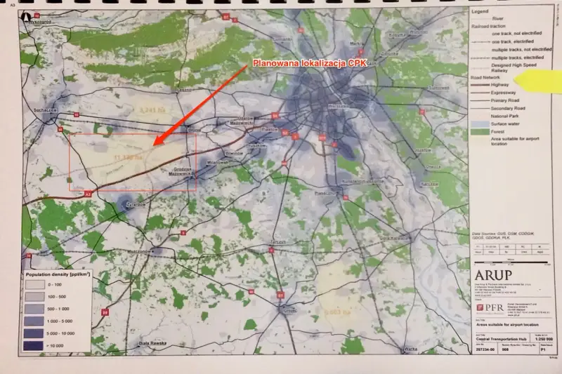 Mapa pokazuje planowaną lokalizację CPK i obszary o dużej gęstości zaludnienia. Czy warto inwestować w działki przy planowanych nitkach CPK?