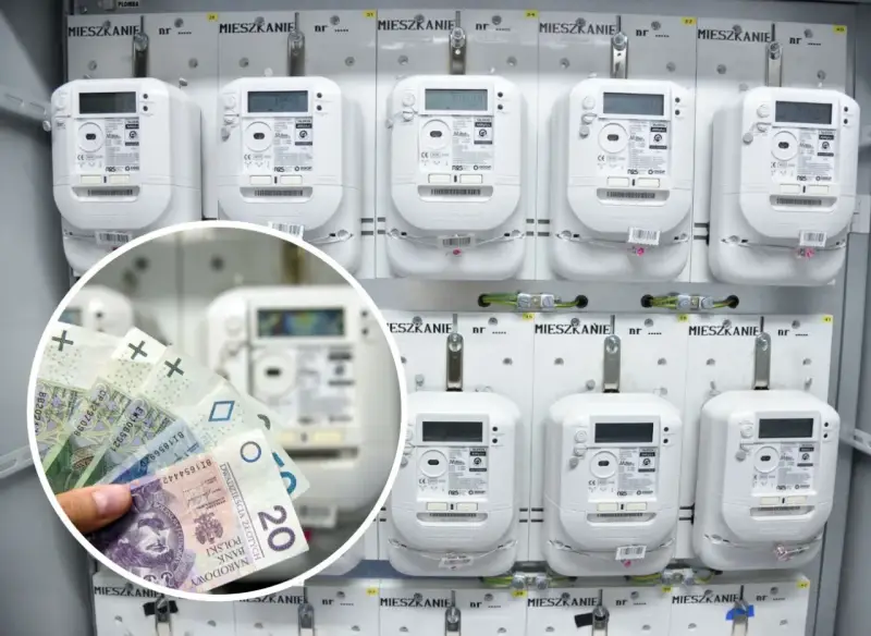 Inteligentne liczniki mediów będą obowiązkowe od września 2026 r. w każdym lokalu. W tle widać rząd liczników, a na pierwszym planie polskie banknoty.
