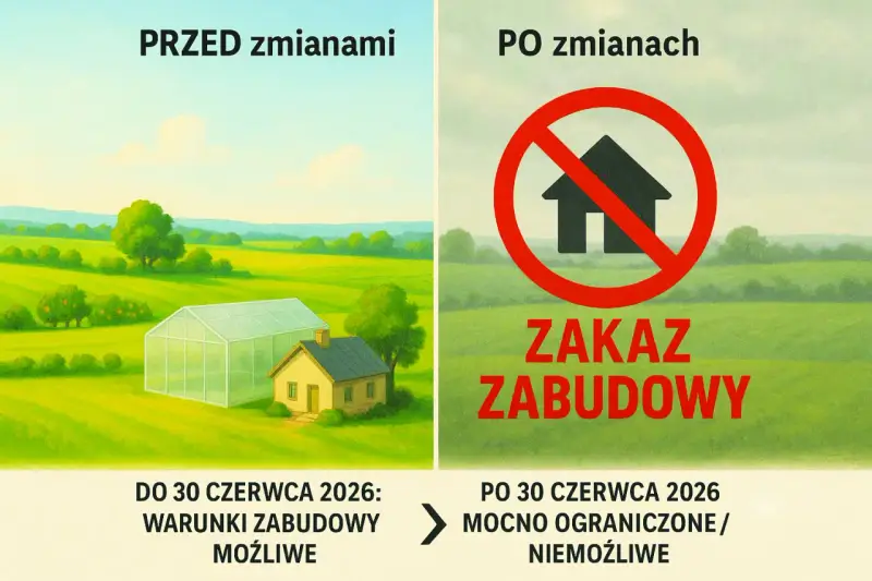 Przed 30.06.2026 można budować na gruntach I-III, potem zakaz zabudowy. Właściciele gruntów klasy I-III nie dostaną WZ do czasu uchwalenia planu ogólnego.